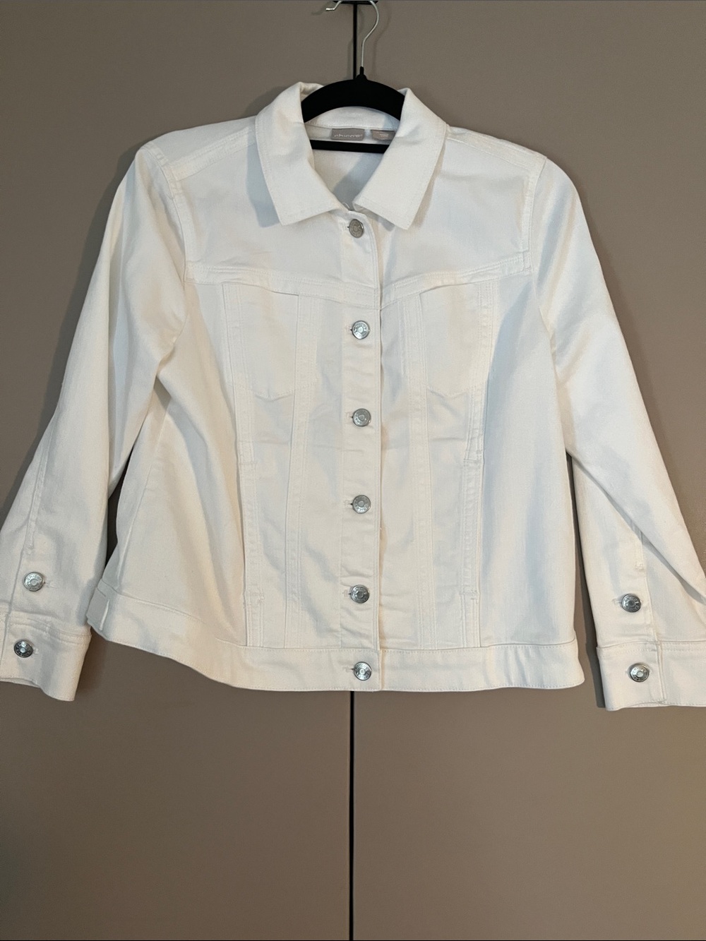 Chico's White Denim Jacket with Silver Buttons